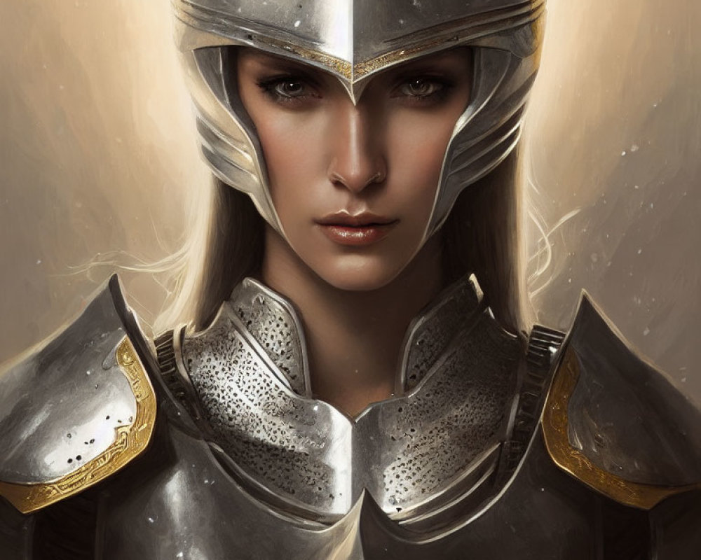 Portrait of Woman in Medieval Knight Armor with Visor Up