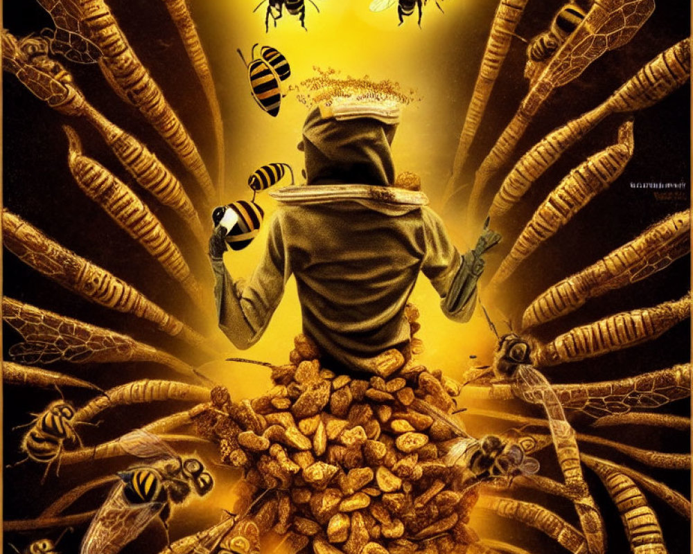 Person with Beehive Head Surrounded by Bees on Honeycomb Mound