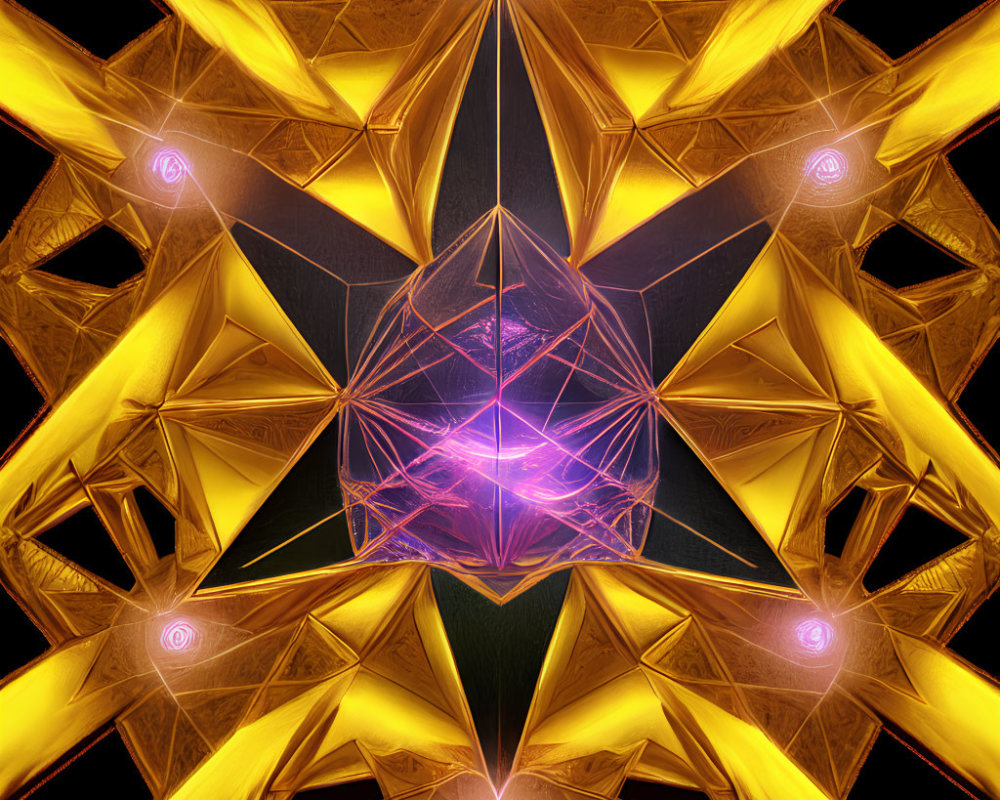 Abstract glowing purple geometric shape with golden patterns on black background