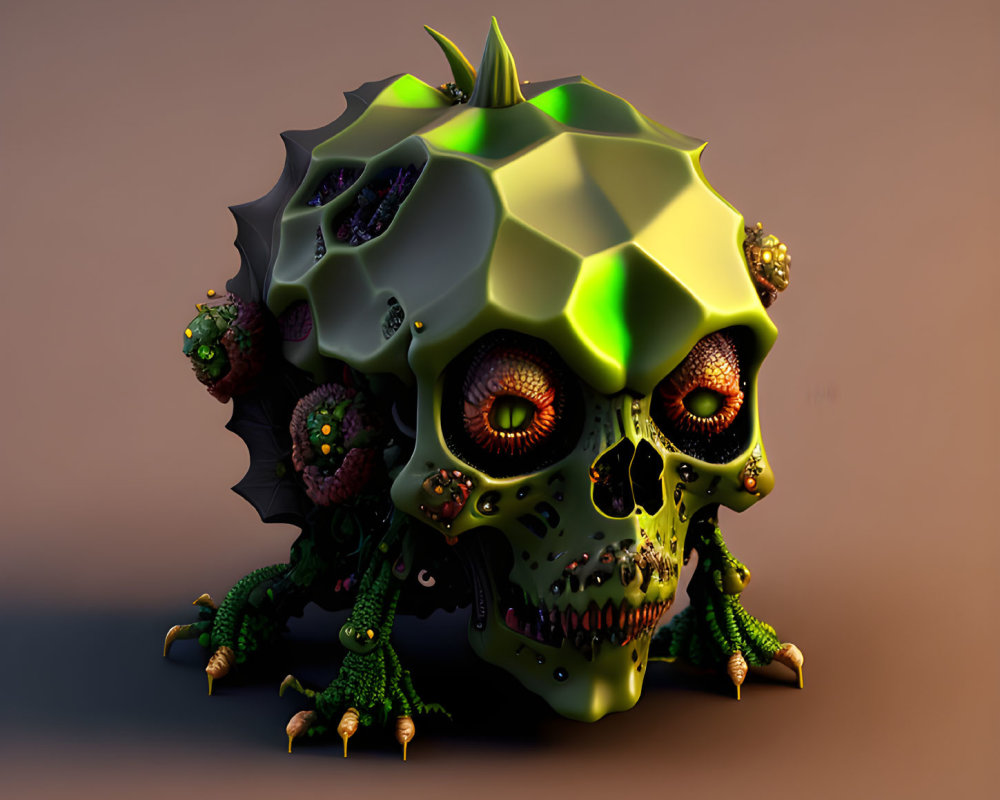 Stylized mechanized skull with eyes, gears, and organic textures in green and gold.