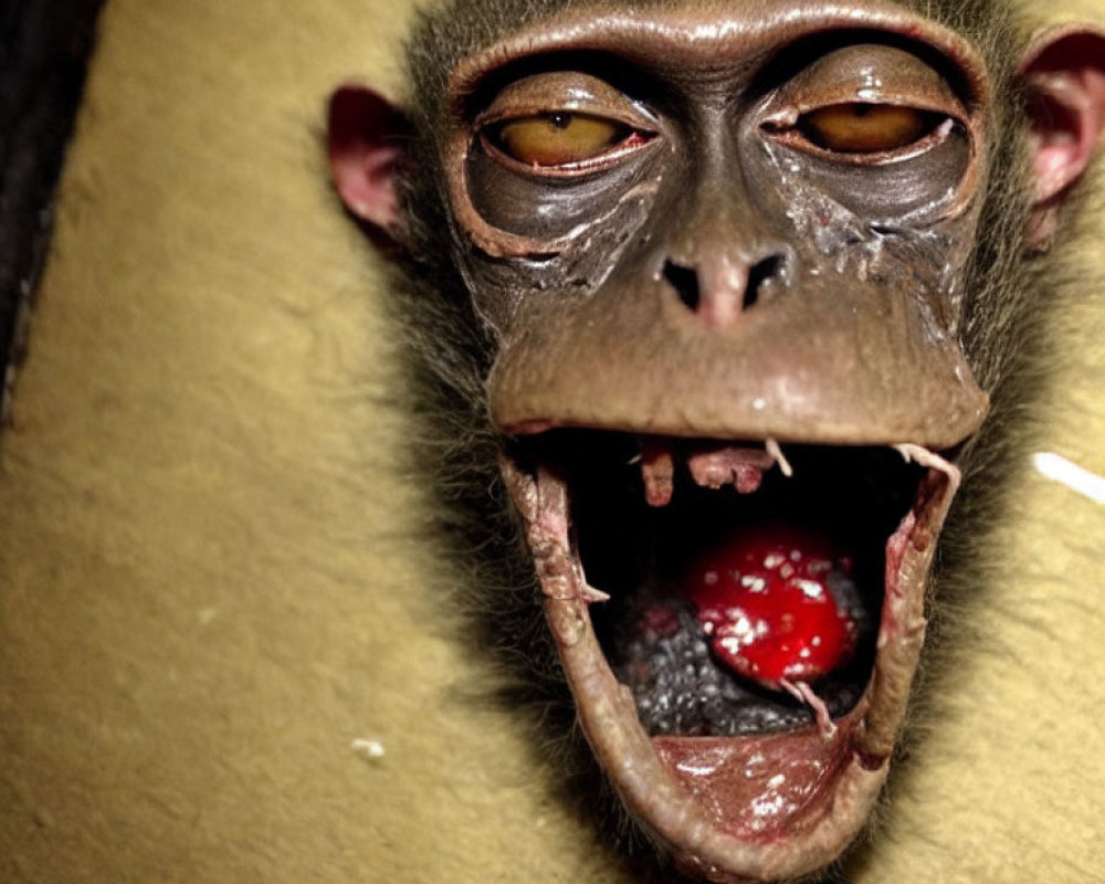 Monkey's face with open mouth and red object on tongue