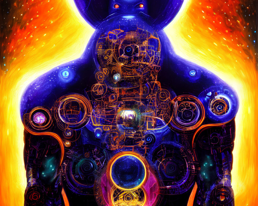 Colorful abstract humanoid figure with mechanical details on fiery backdrop