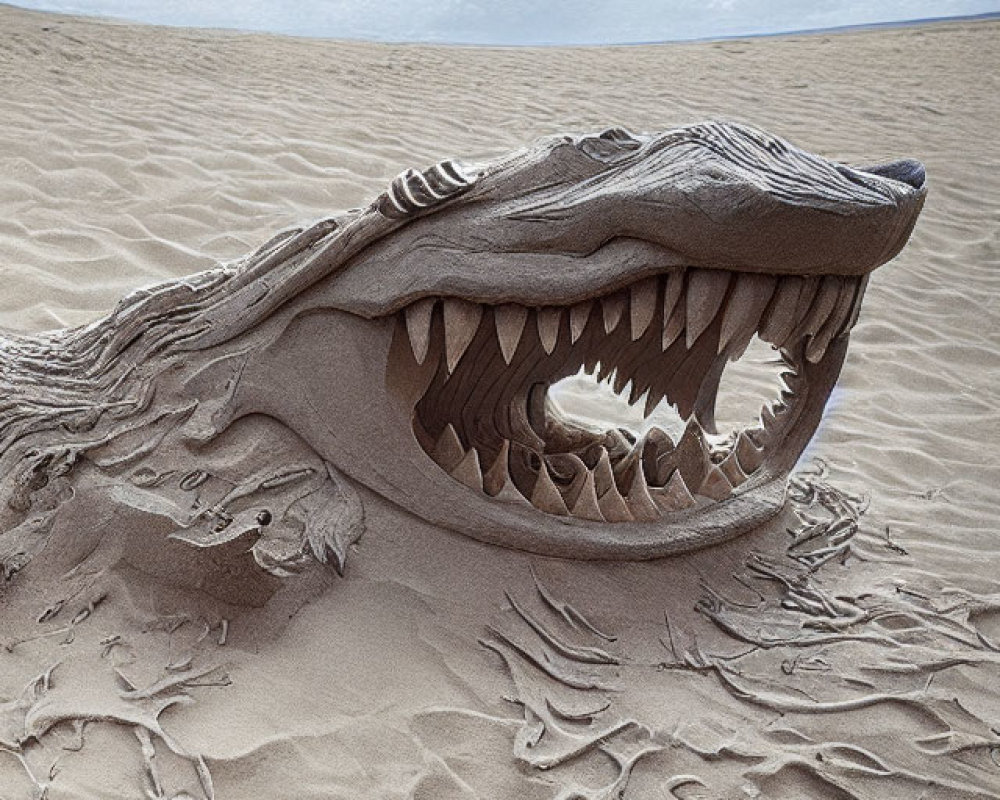 Realistic Crocodile Head Sand Sculpture on Beach