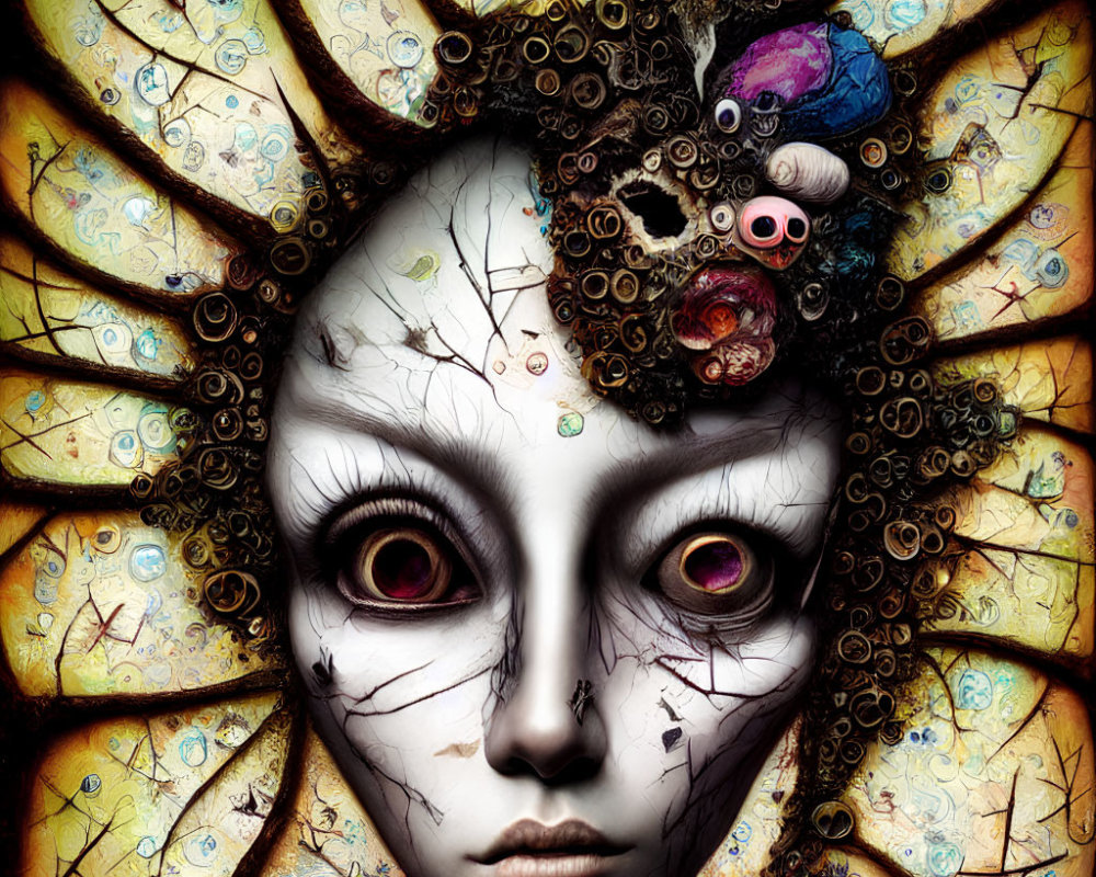Elaborate humanoid face with large eyes and ornate headdress