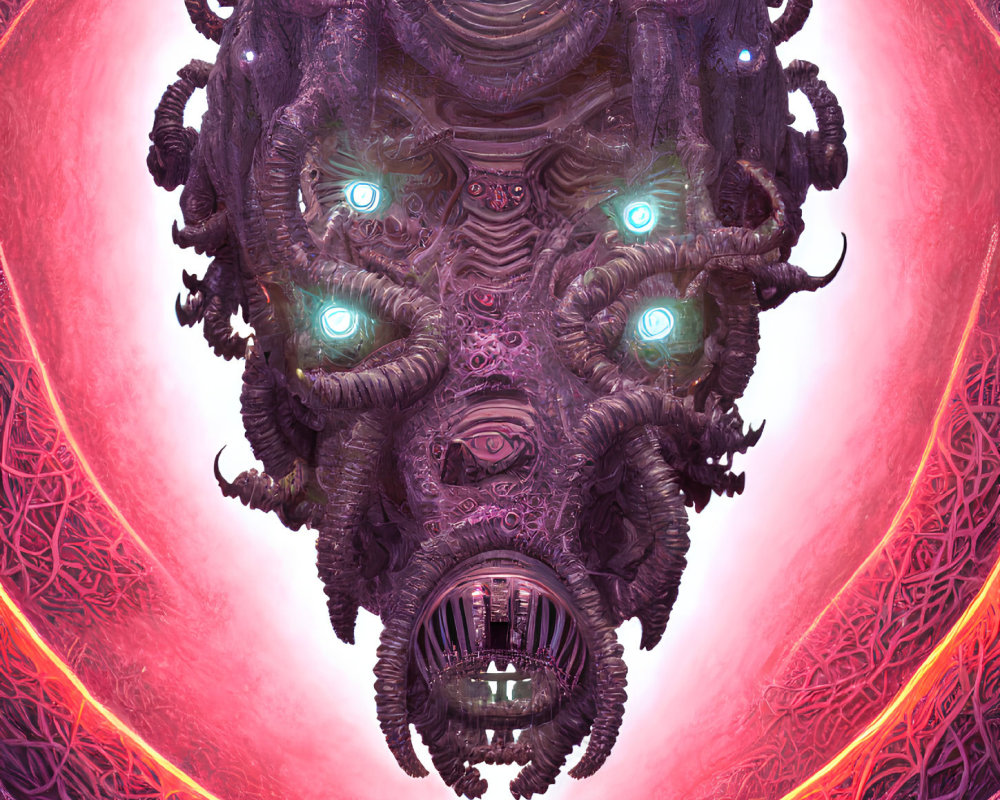Intricate Alien Entity with Glowing Eyes in Ornate Pink Frame