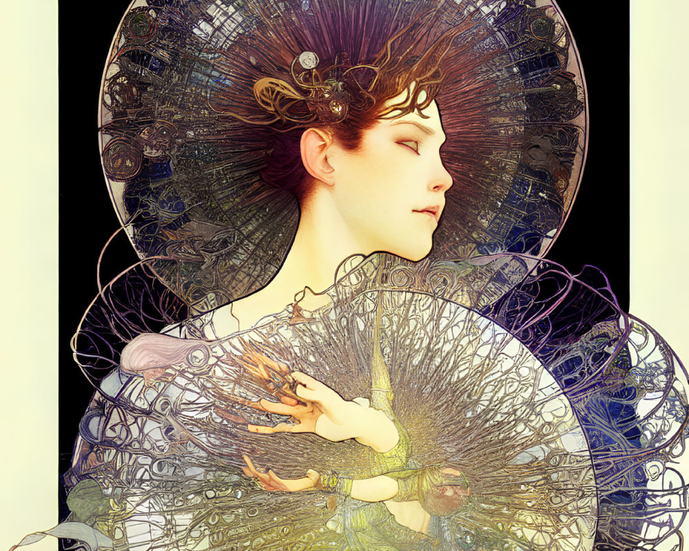 Profile illustration of woman with ornate circular designs merging Art Nouveau with cosmic patterns