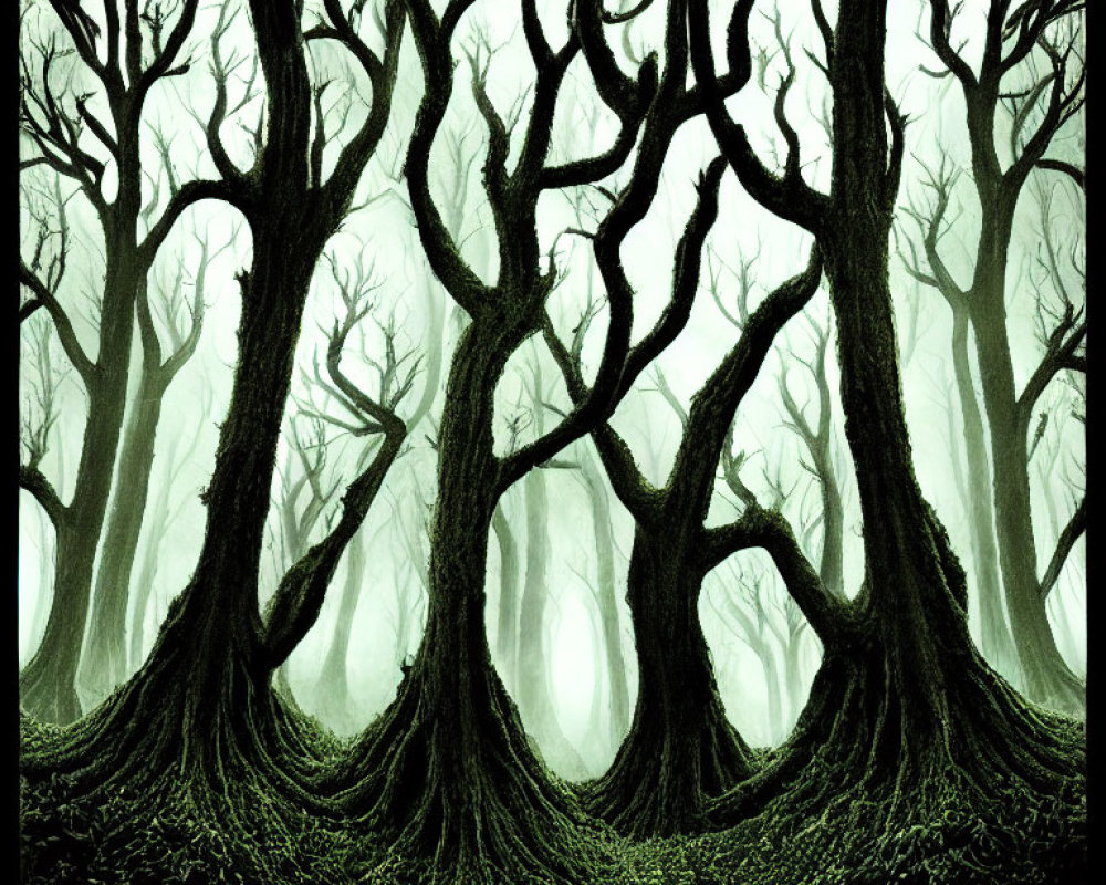 Eerie mist-covered forest with gnarled trees and greenish hue