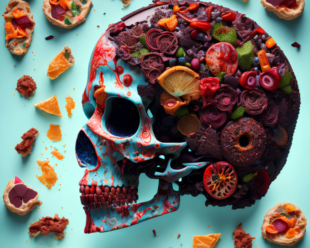 Skull surrounded by sweets, fruits, and desserts on teal background