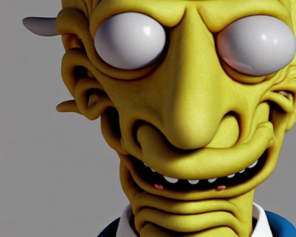 Close-Up of 3D-Rendered Character with Yellow Skin and Blue Suit