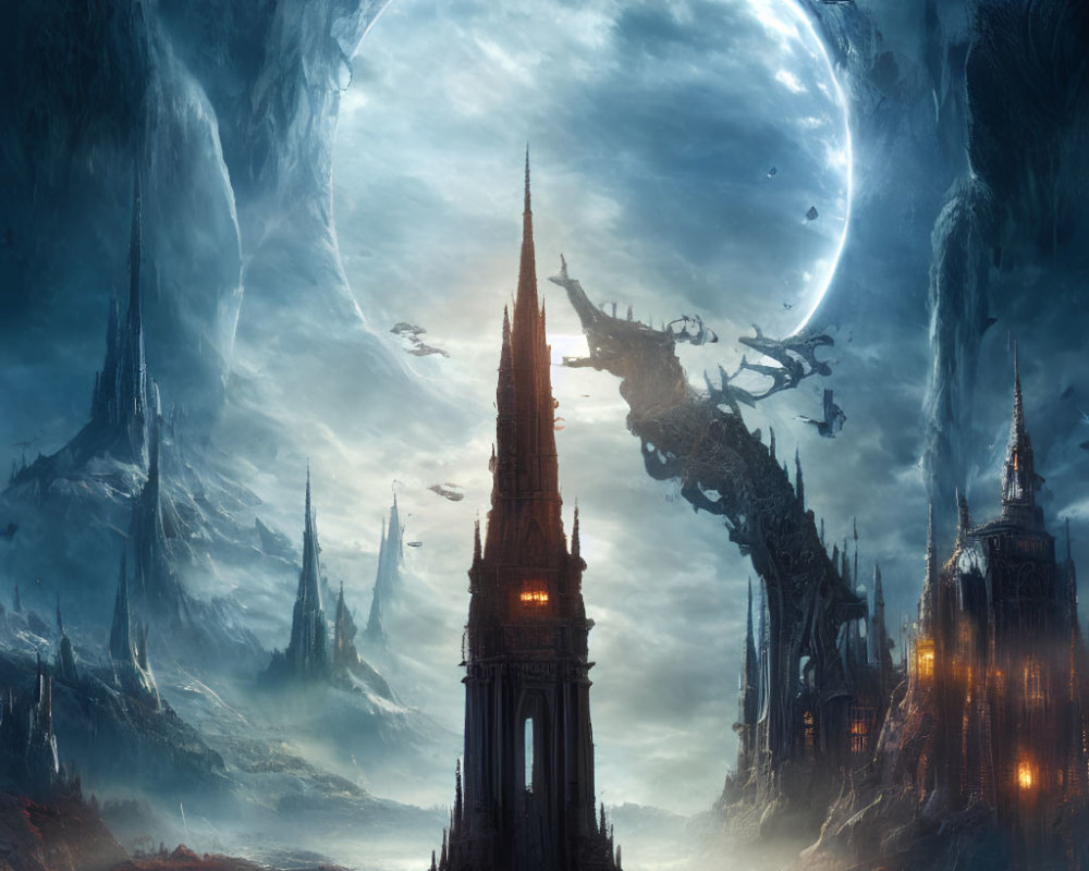 Fantastical landscape with towering spire, red flora, colossal moon, ice-like formations, twilight