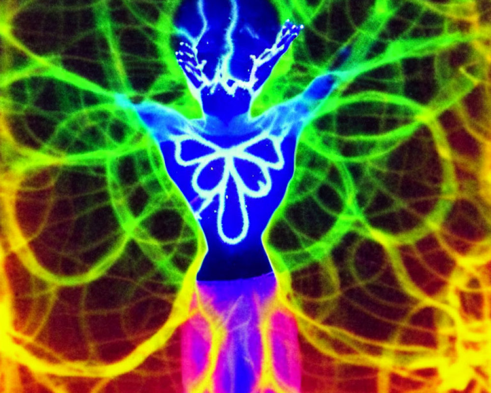 Colorful thermal-style image of person with raised arms against fractal backdrop