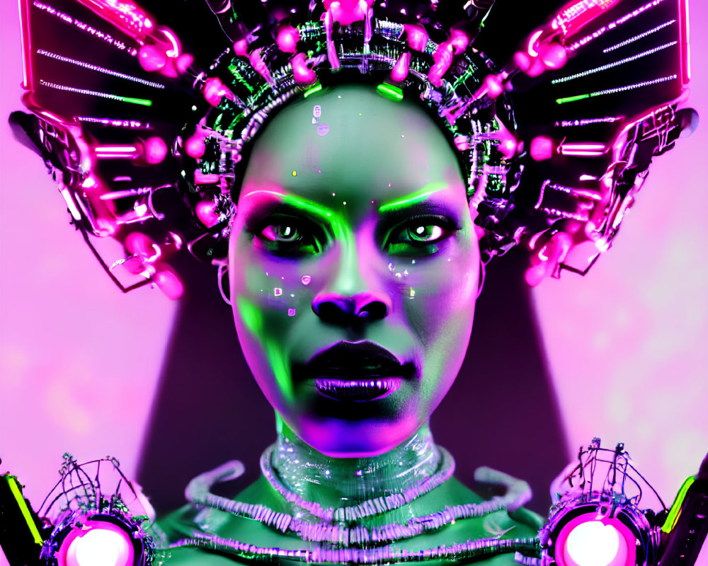 Green-skinned female figure with cybernetic headgear on pink background