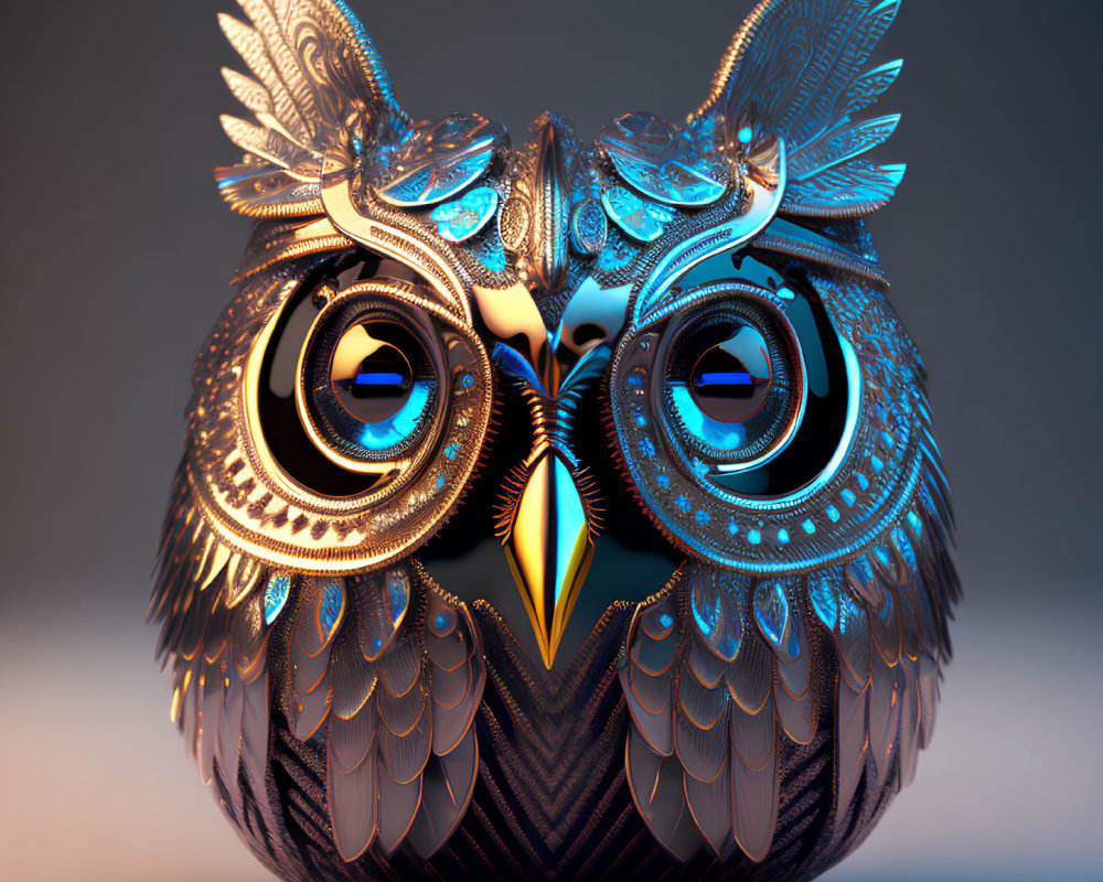 Stylized owl digital art with golden and blue patterns on gradient background