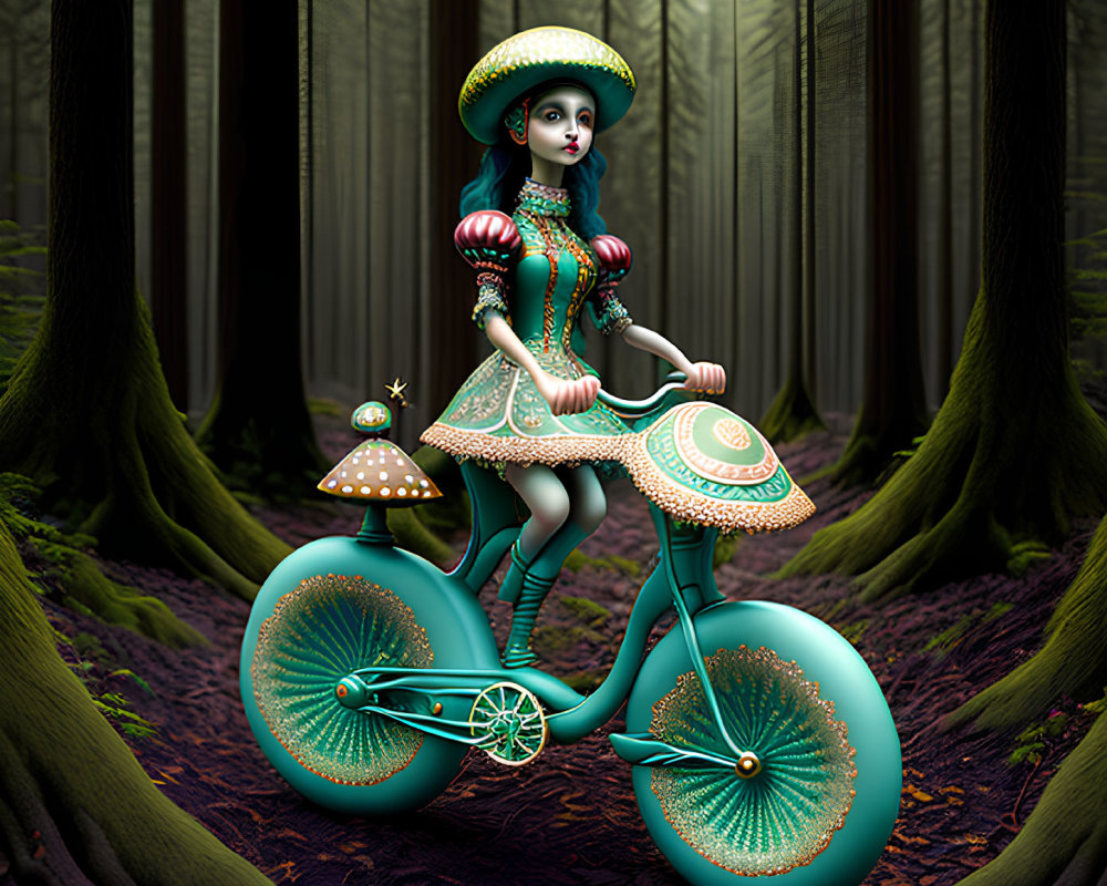 Whimsical blue character on mushroom tricycle in misty forest