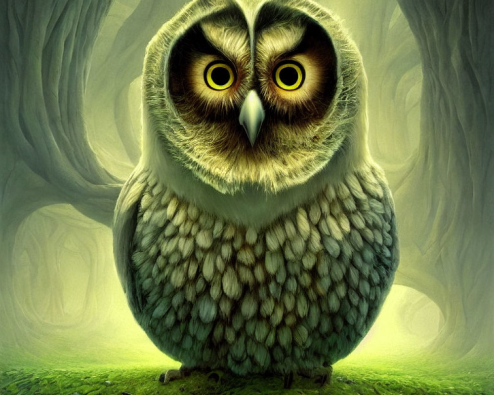 Chubby owl illustration in mystical forest with expressive eyes