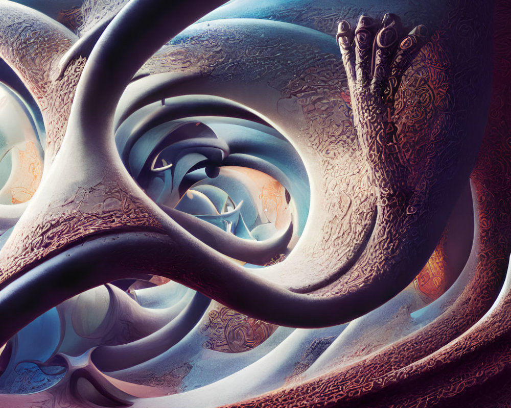 Fractal art: Human-like foot with swirling patterns and cool tones