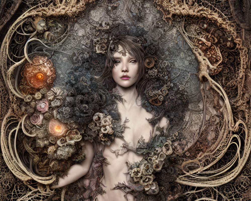 Intricate surreal portrait of woman in earthy tones