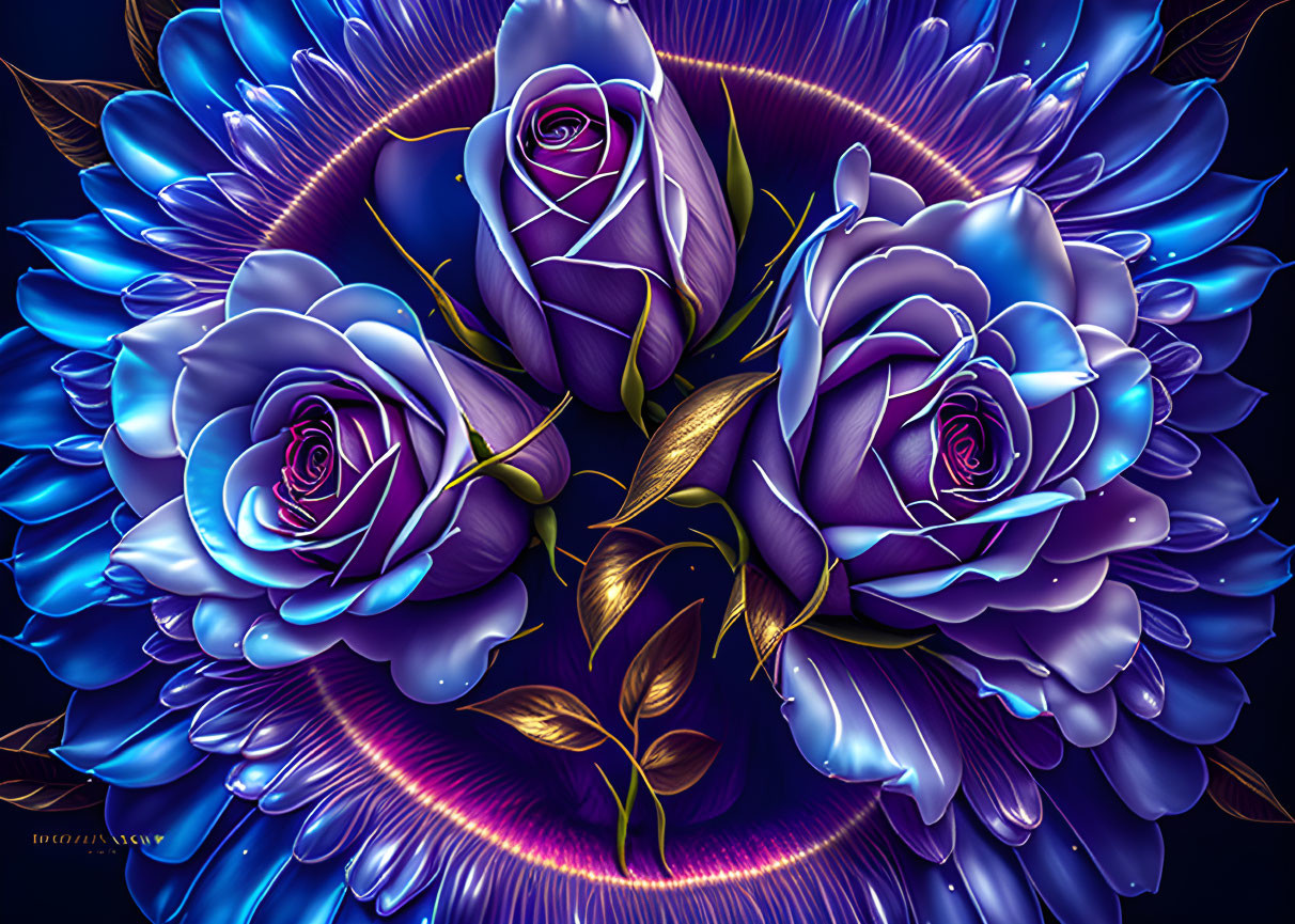 Vibrant blue and purple roses with golden accents on dark floral background
