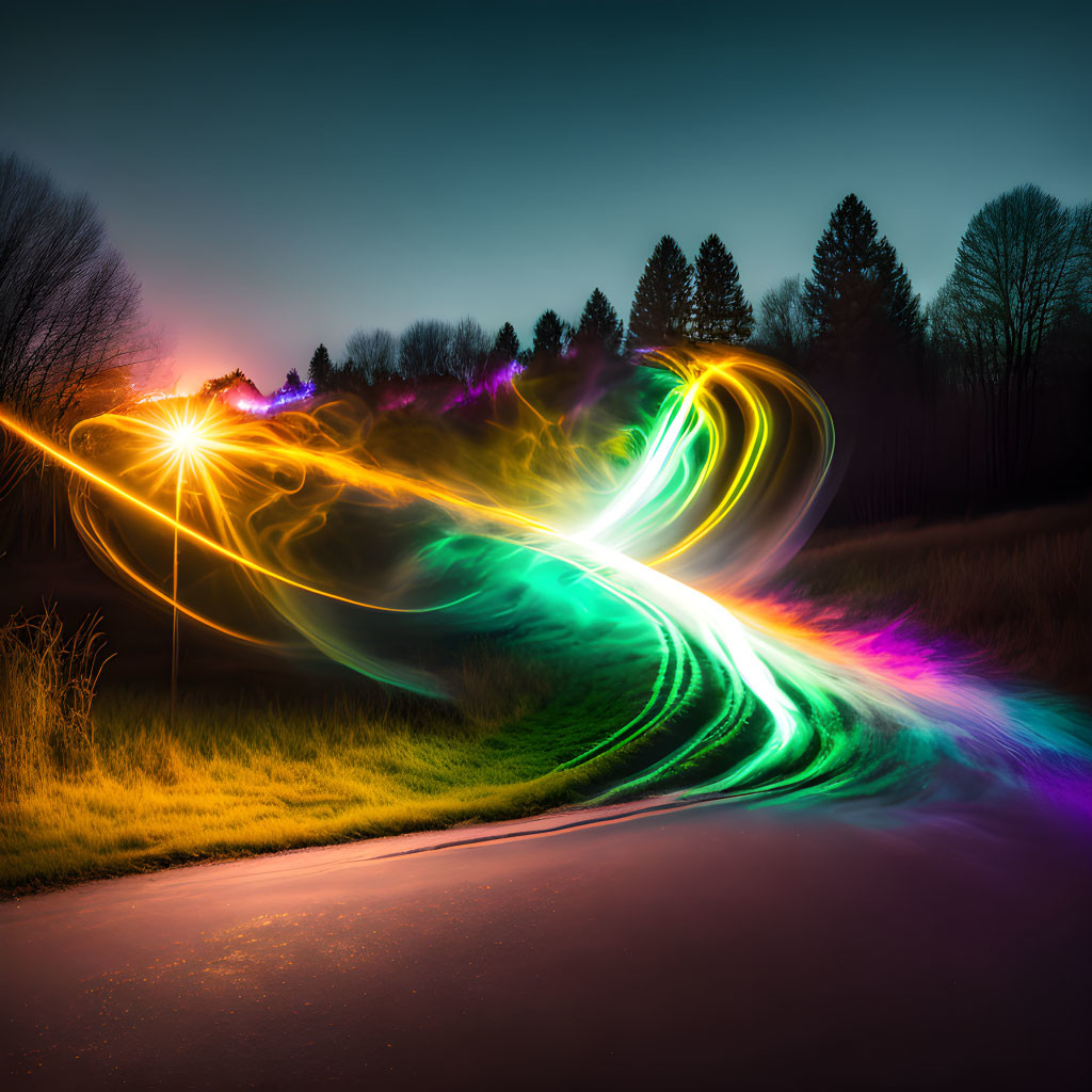 Colorful Neon Light Trails Over Dark Landscape with Trees and Setting Sun