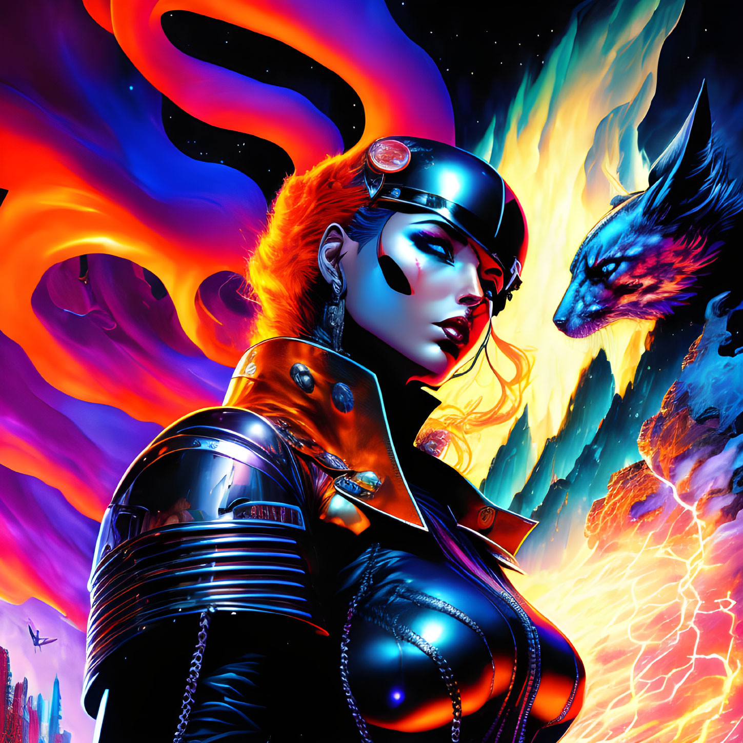 Illustration of woman in futuristic armor with wolf creature in cosmic setting