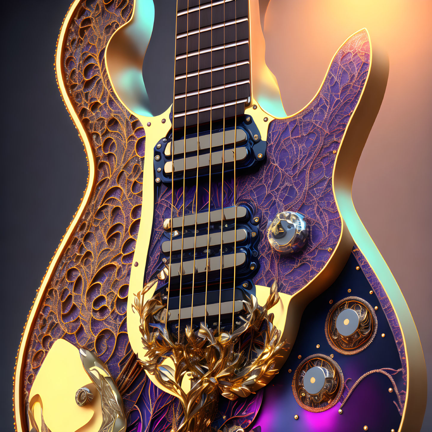 Ornate Fractal Patterned Electric Guitar on Two-Tone Background
