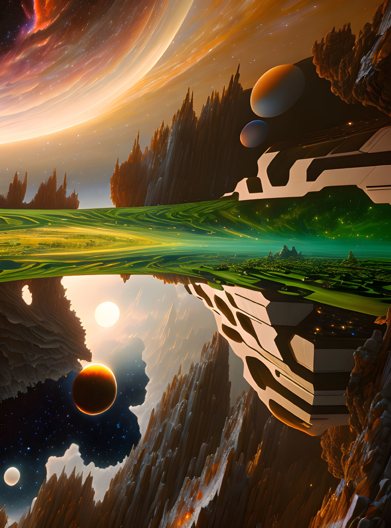 Surreal landscape with floating islands and celestial sky.