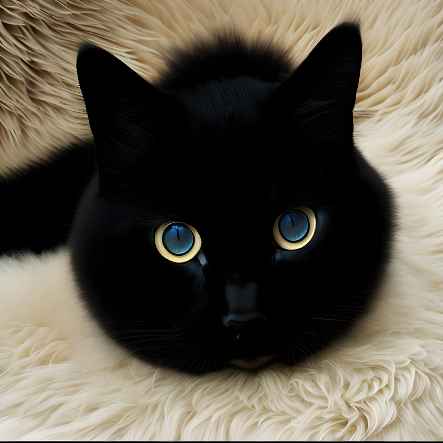 Black Cat with Striking Yellow Eyes on Fluffy White Surface