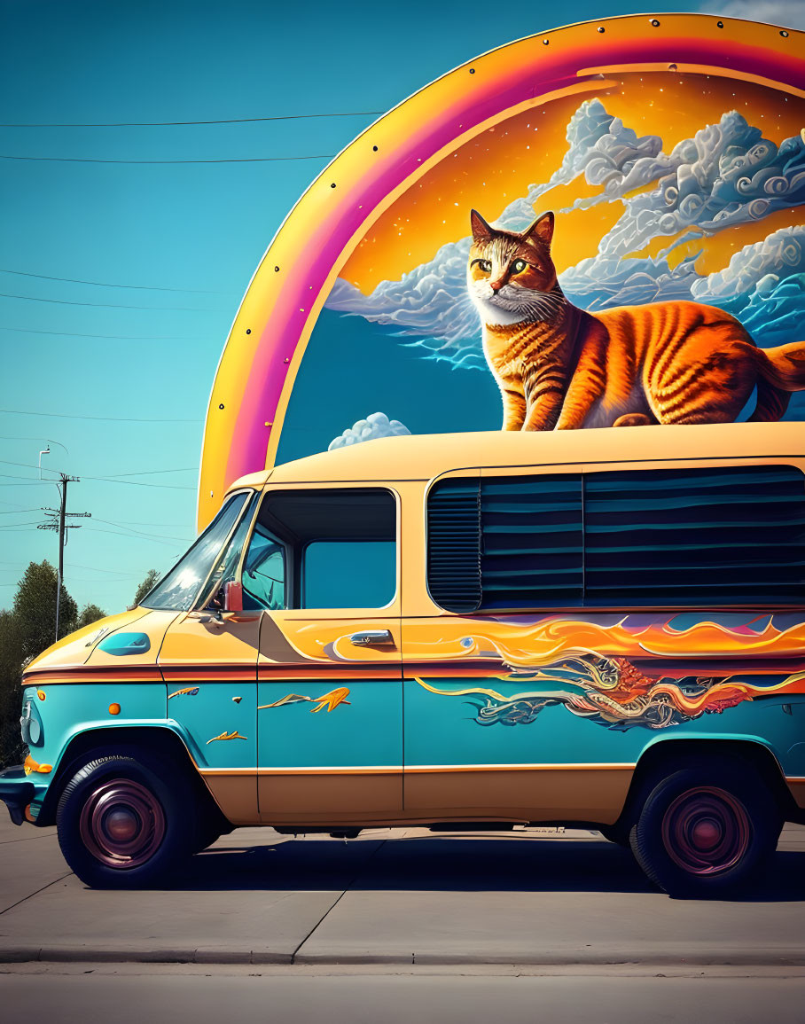 Colorful Vintage Van with Giant Cat on Wave Backdrop - Art Illustration