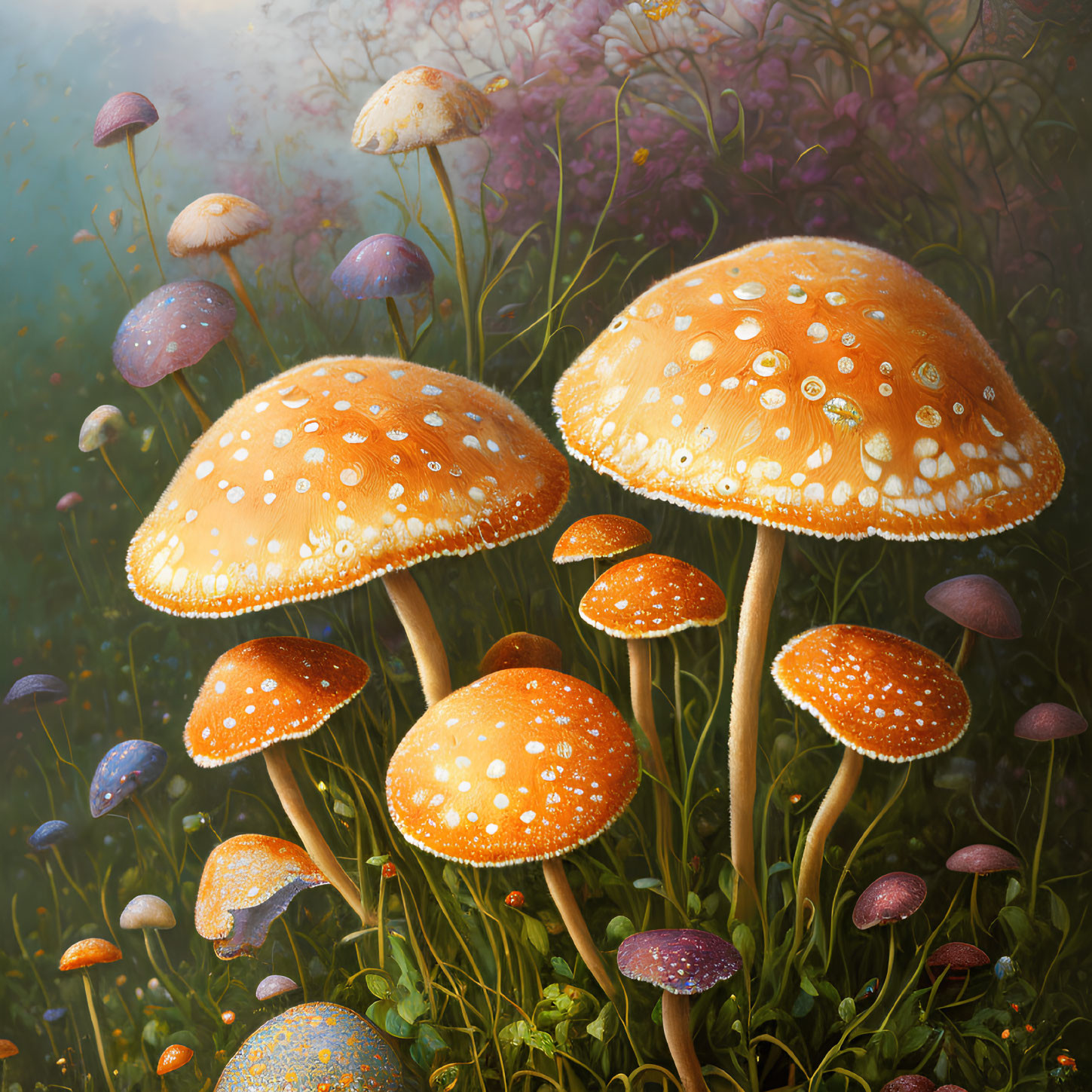 Colorful Mushrooms in Mystical Forest Scene