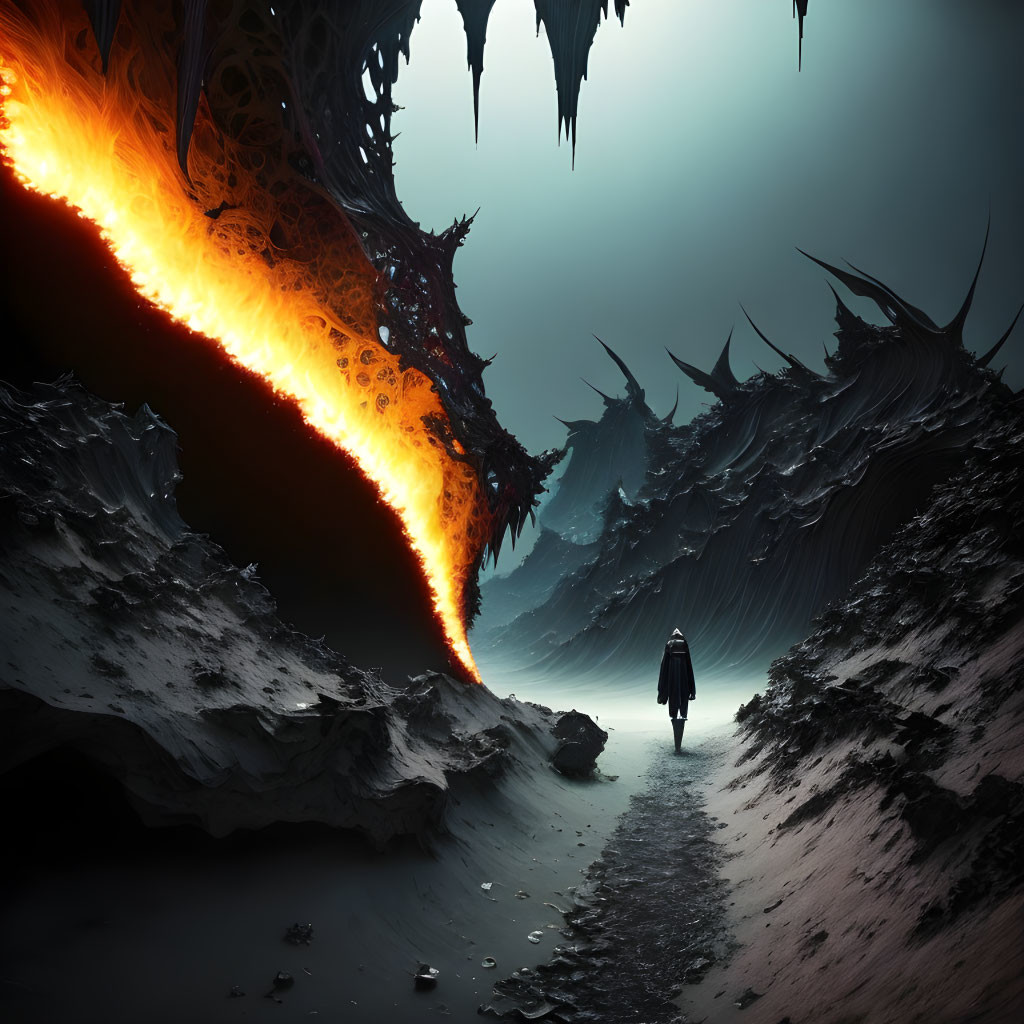 Solitary figure in dark fantasy landscape with spiky structures and lava flow