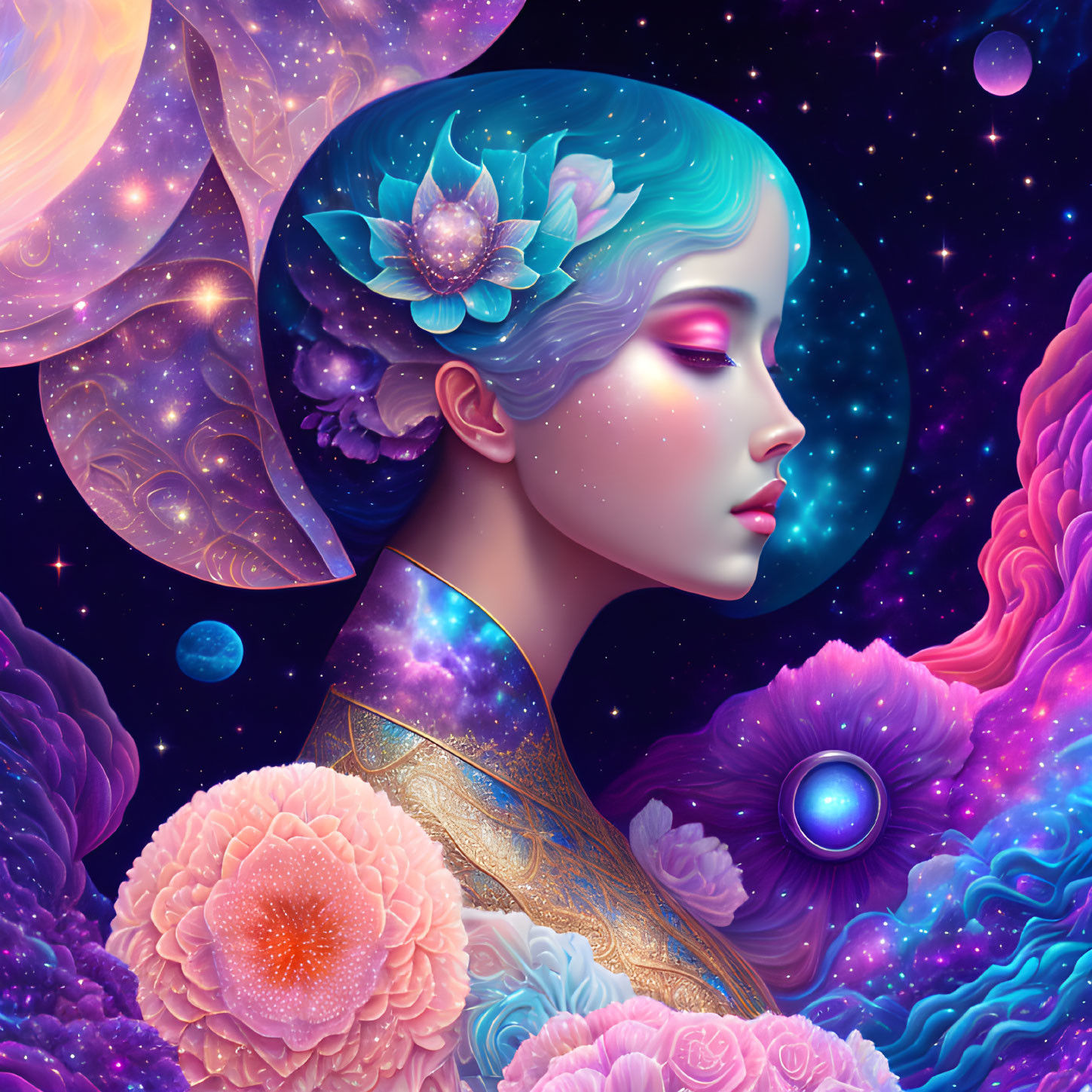 Colorful digital artwork of woman's profile with cosmic elements and flowers on starry space backdrop