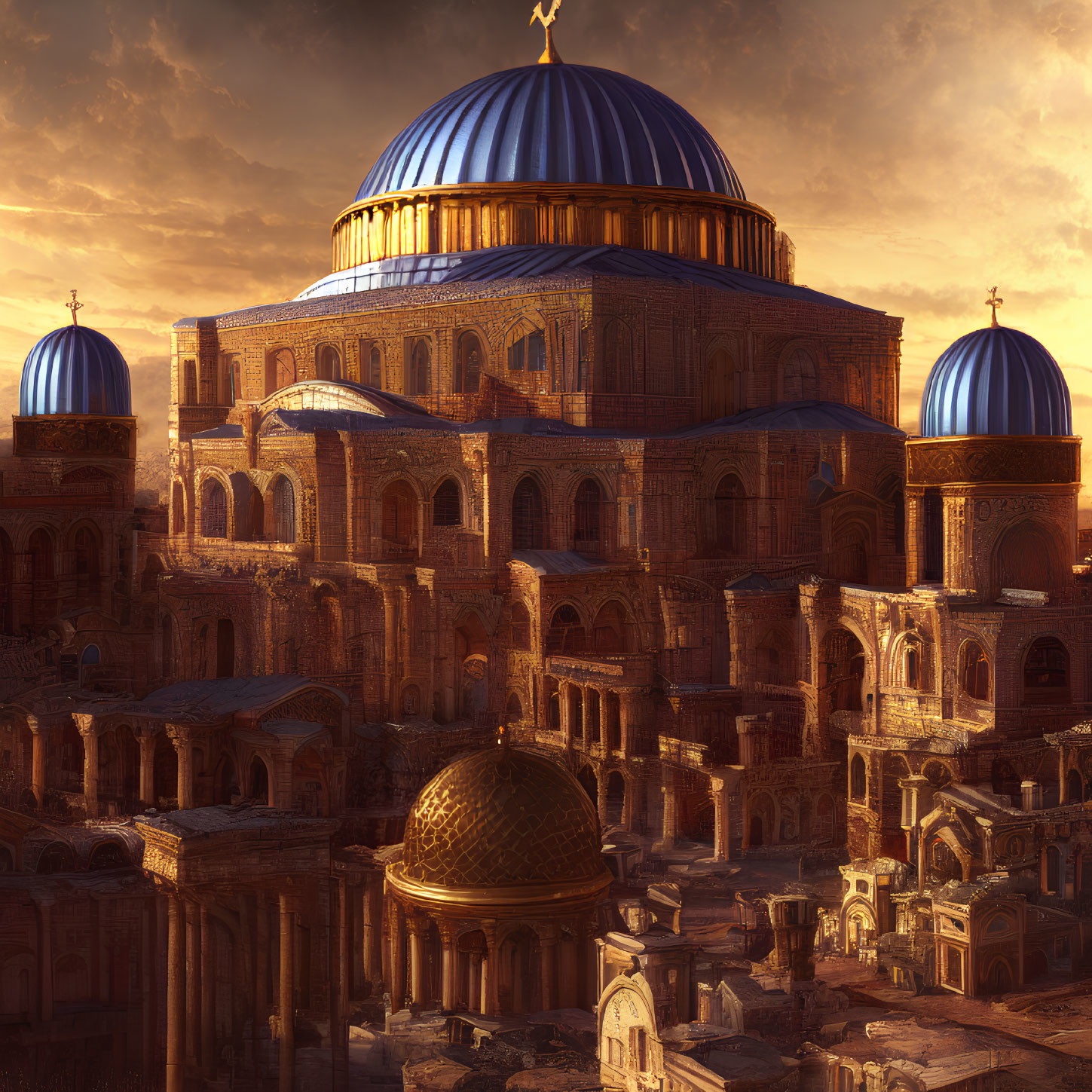 Blue-domed mosque with golden crescents in warm sunset light, intricate architecture, and historic ruins.