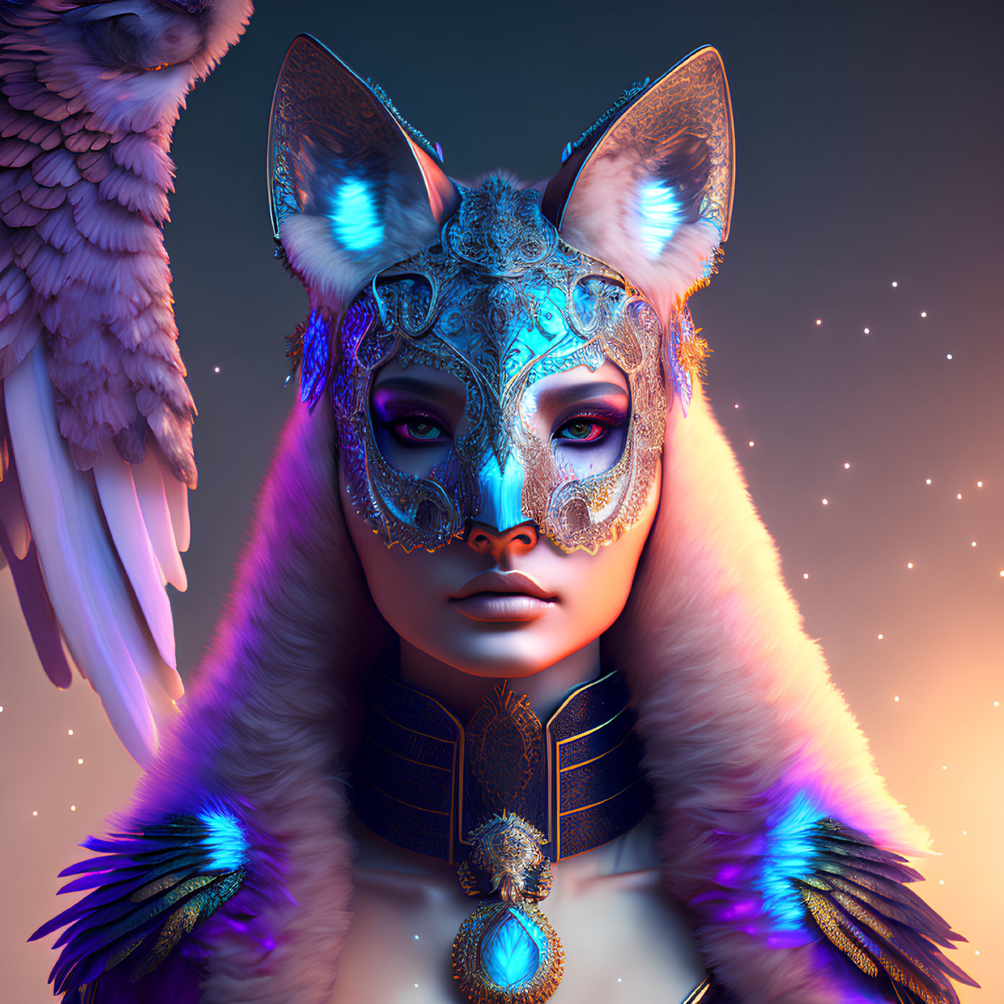 Intricate Blue Fox Mask with Parrot on Starry Background