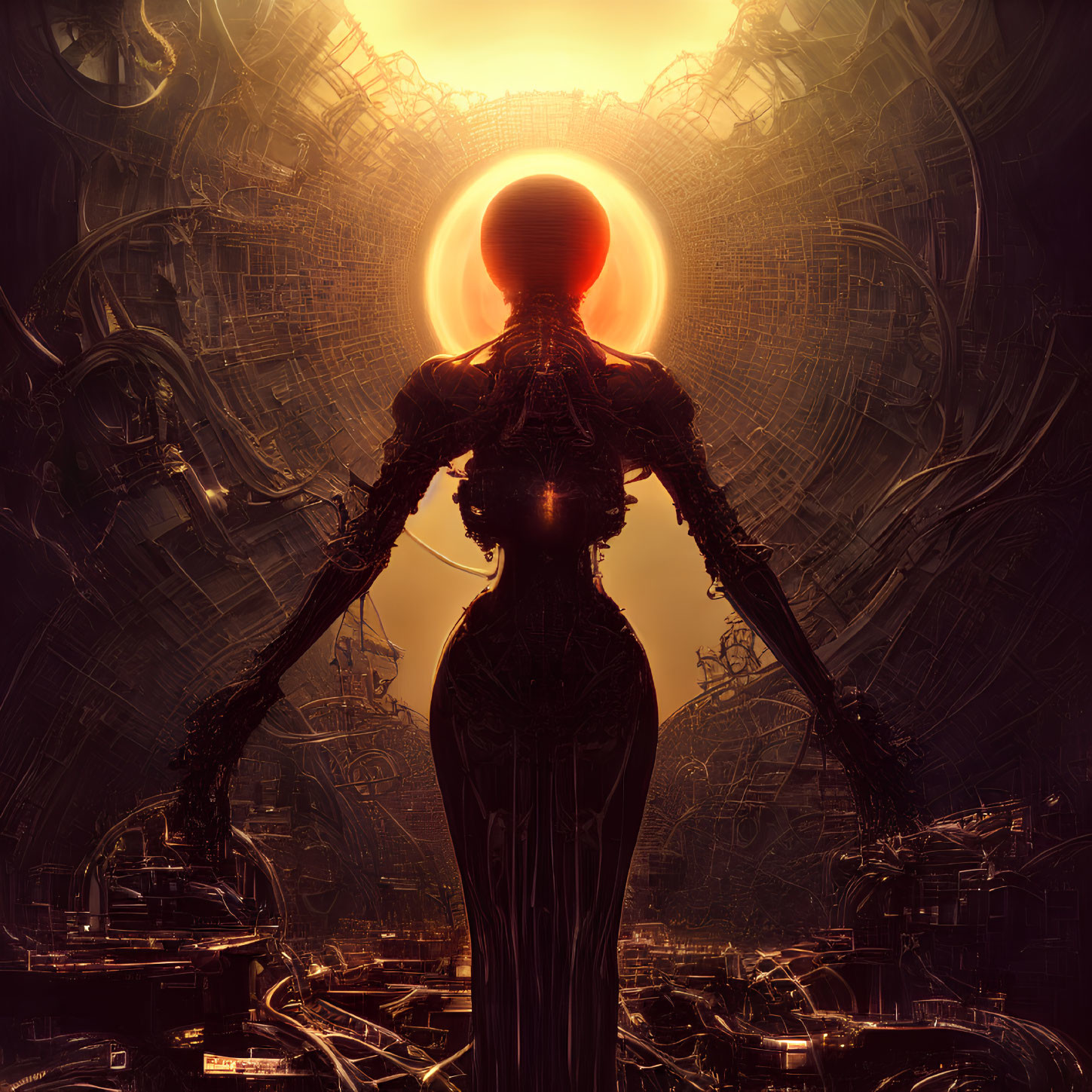 Futuristic cybernetic figure in cityscape with apocalyptic vibe
