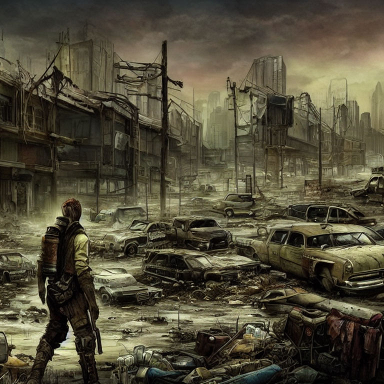 Desolate post-apocalyptic urban landscape with lone figure