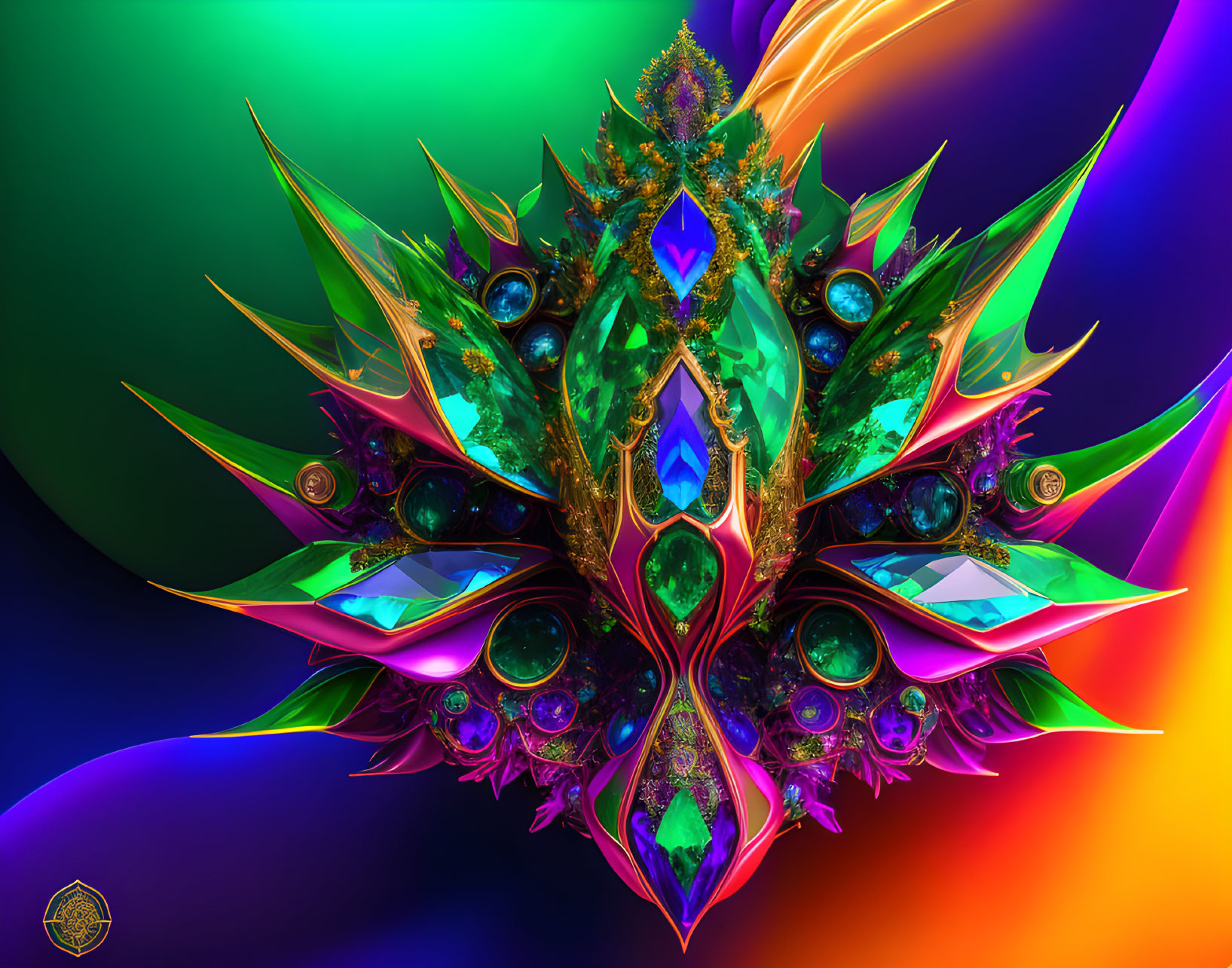 High-resolution fractal image of complex symmetrical jewel structure in green and purple hues on multicolored