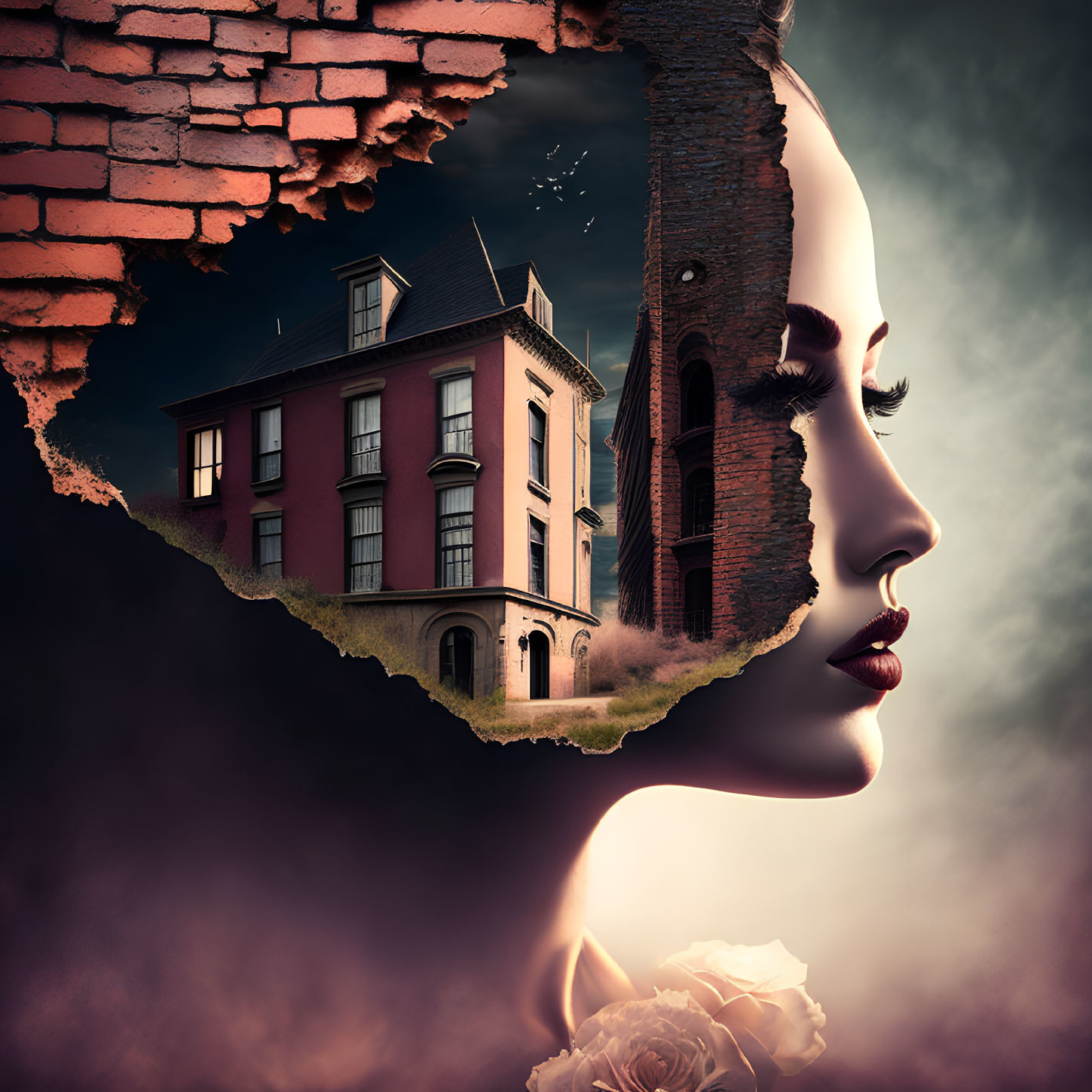 Surreal artwork: Woman silhouette merges with house in brick wall under moody sky, featuring rose