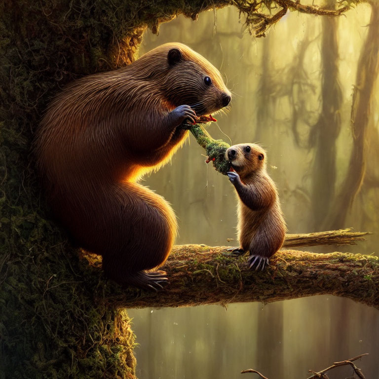 Parent Beaver Feeding Young on Tree Branch in Misty Forest