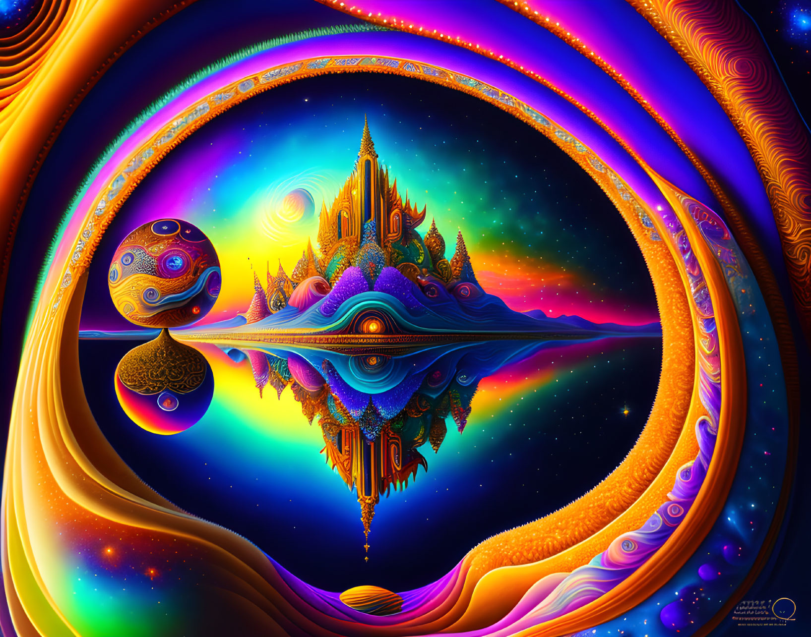 Colorful Psychedelic Floating Island with Castle in Cosmic Background