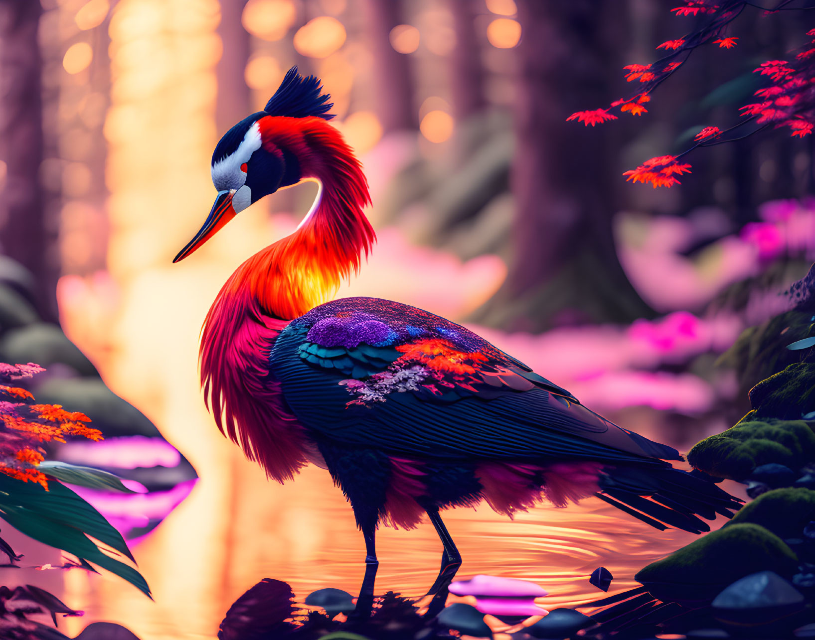 Colorful Bird with Orange, Black, and Blue Plumage in Nature Scene