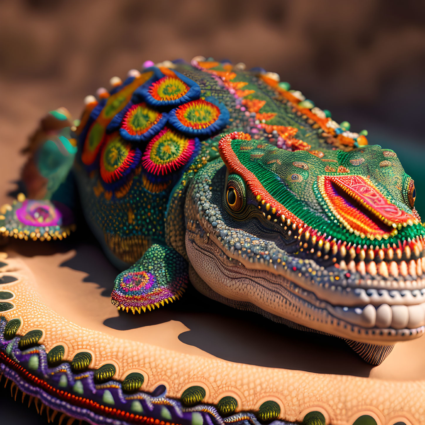 Colorful Beaded Art: Detailed Alligator with Vibrant Patterns