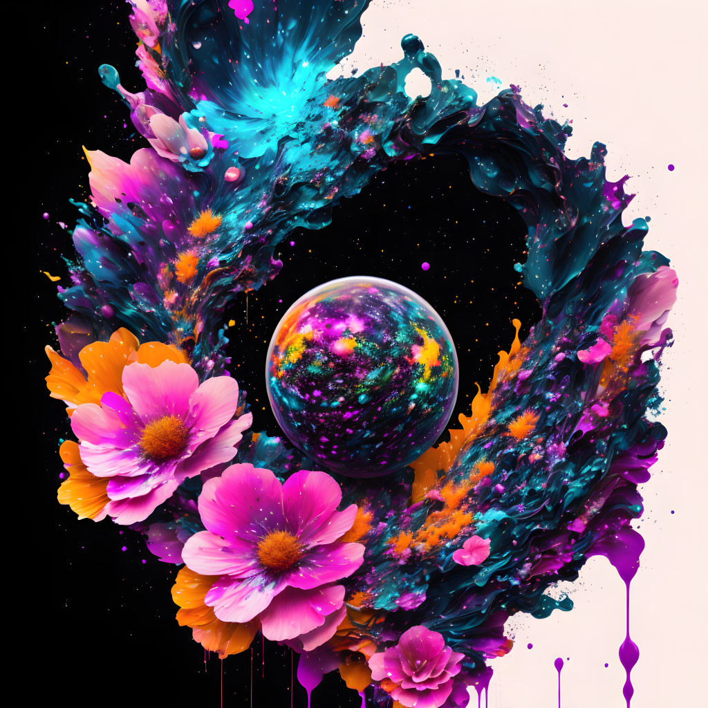 Colorful cosmic loop around galaxy sphere with vibrant flowers on dark backdrop