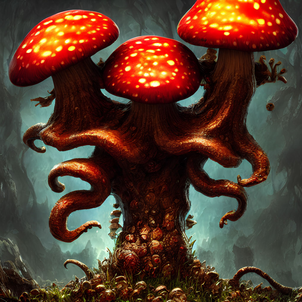 Illustration of oversized red-capped mushrooms on gnarled tree trunk