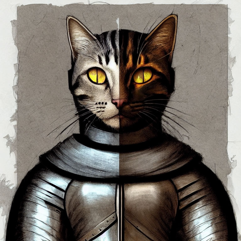 Cat in knight's armor with yellow eyes on textured background