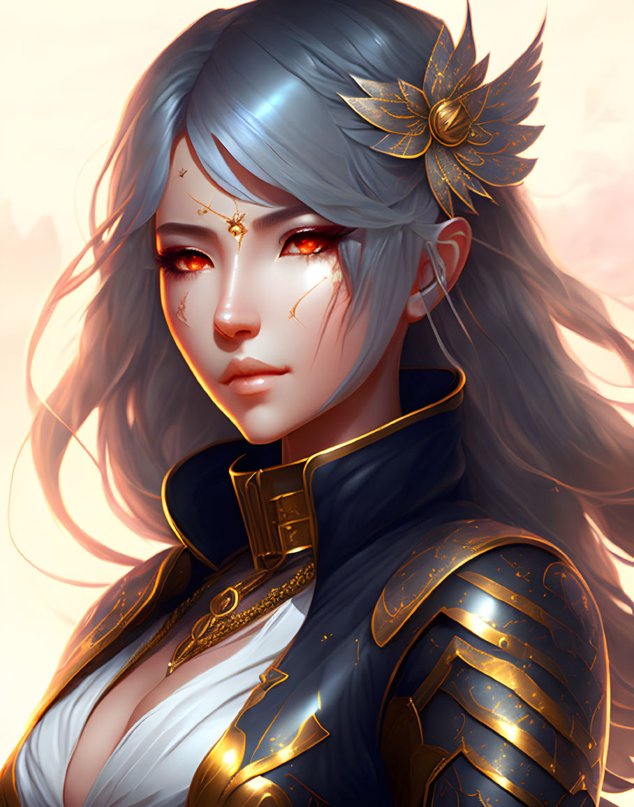 Illustration of female warrior with silver hair, red eyes, golden facial markings, and ornate blue