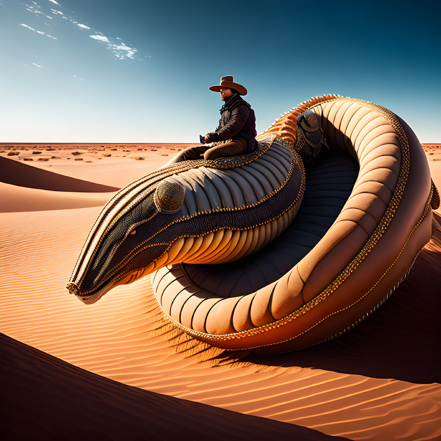 Cowboy Hat Person on Surreal Snake Sculpture in Desert Landscape