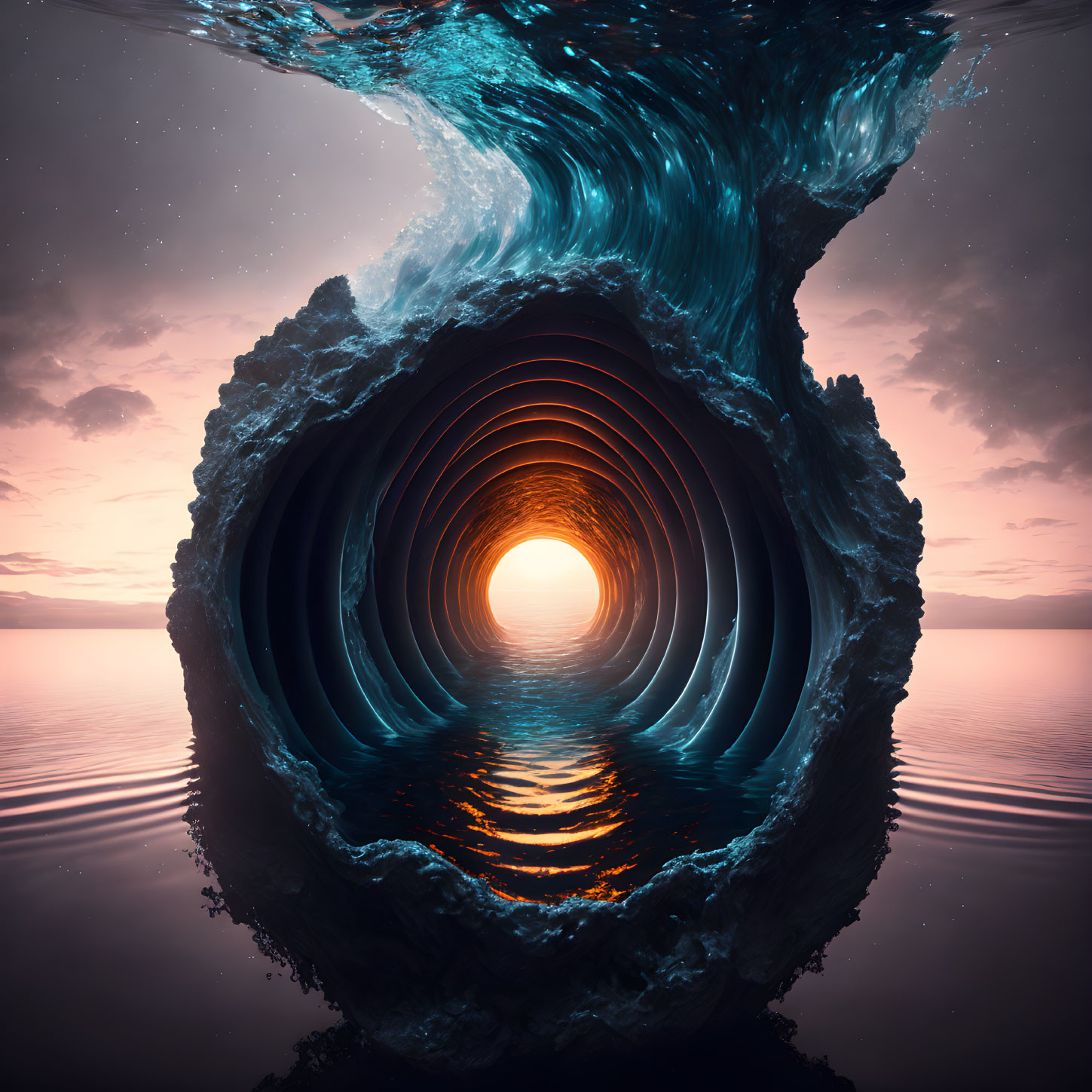 Surreal cylindrical tunnel with swirling ocean waves and bright sunset reflection