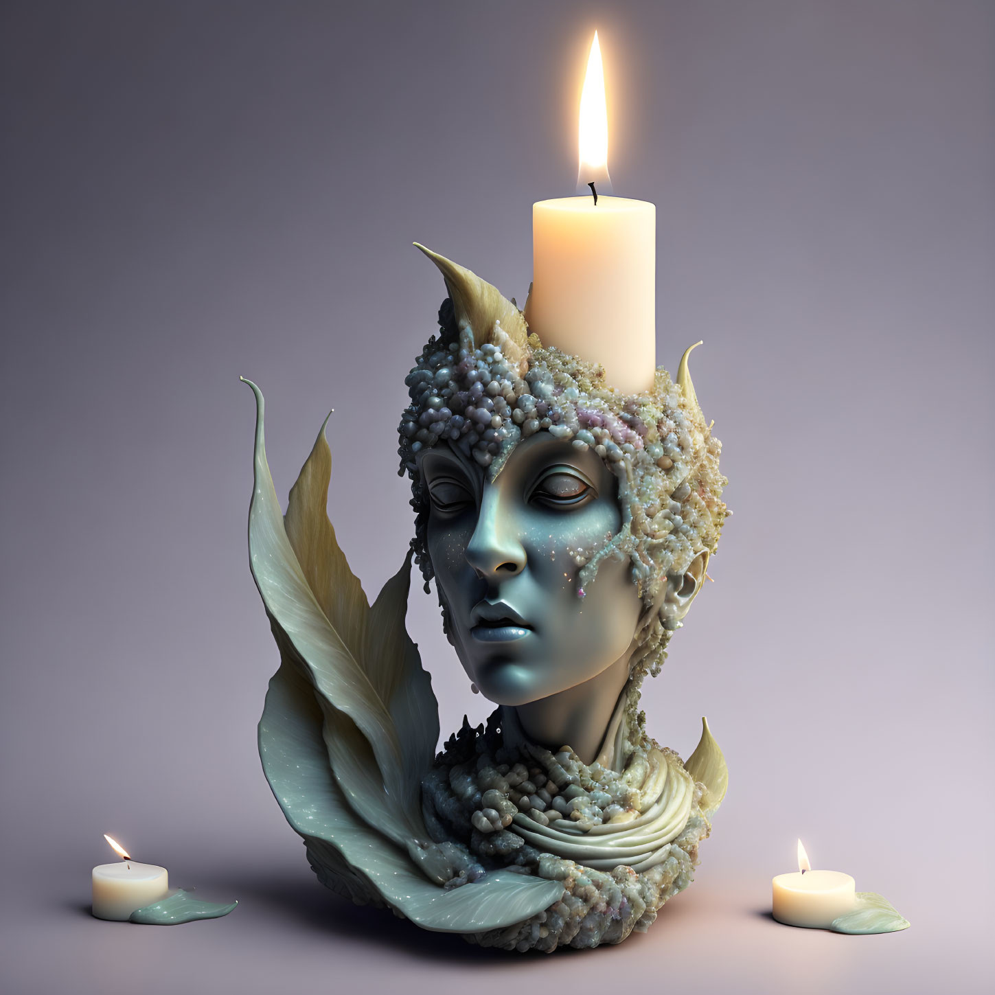 Fantasy character with serene expression, adorned with leaves, berries, and a candle