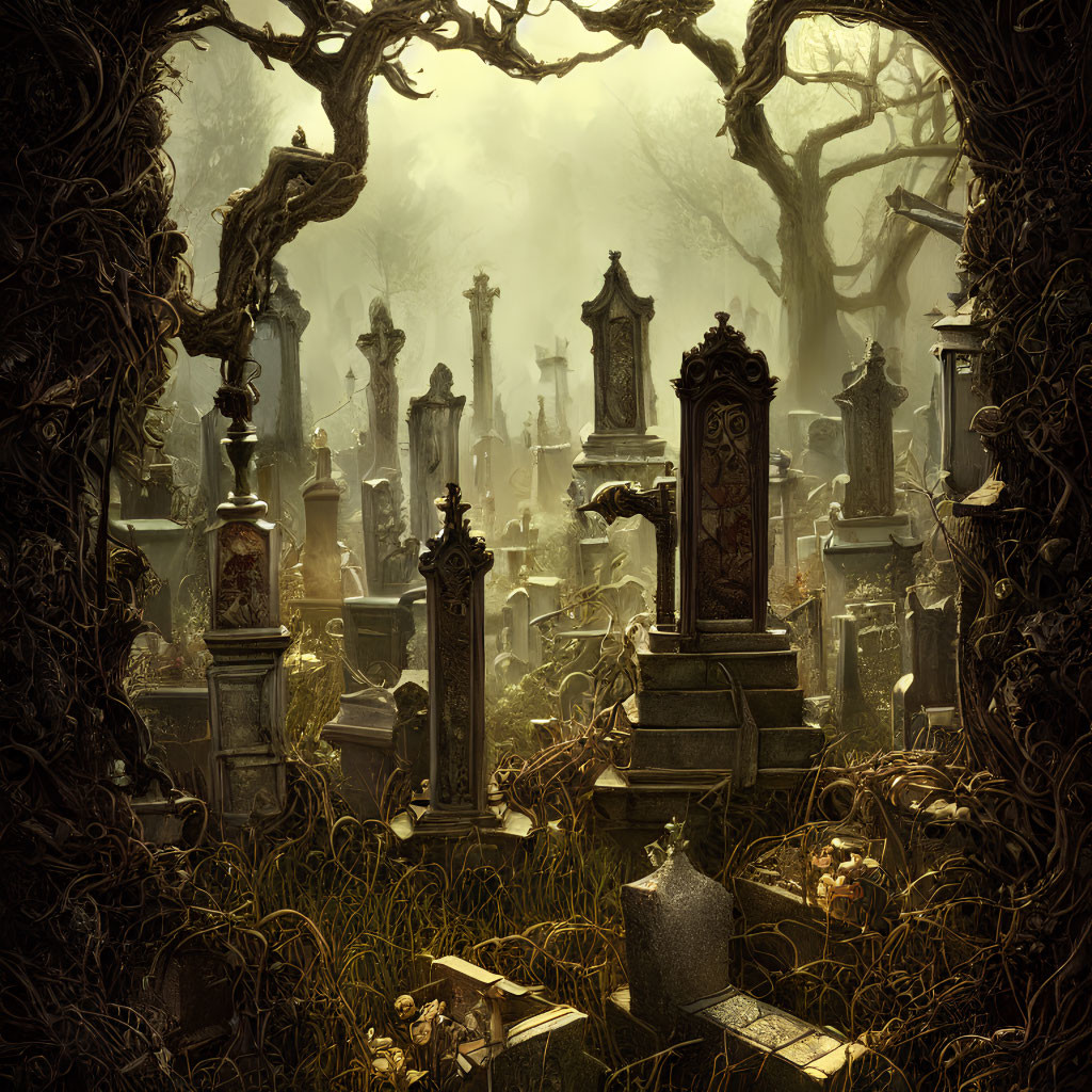 Densely-packed cemetery with ornate tombstones and statues in eerie fog