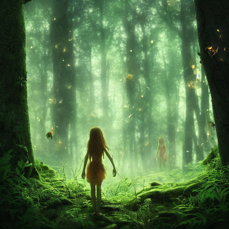 Enchanting forest scene with fireflies, child, and distant figure in lush greenery.
